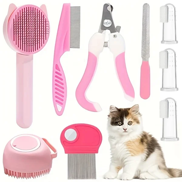 8-teiliges Katzenpflege-Set – Flohkamm, Nagelknipser, Fellbürste & Shampoo-Bürste